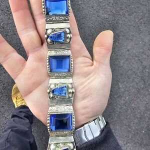 Taxco Sterling Bracelet with Deep Blue Glass Panels